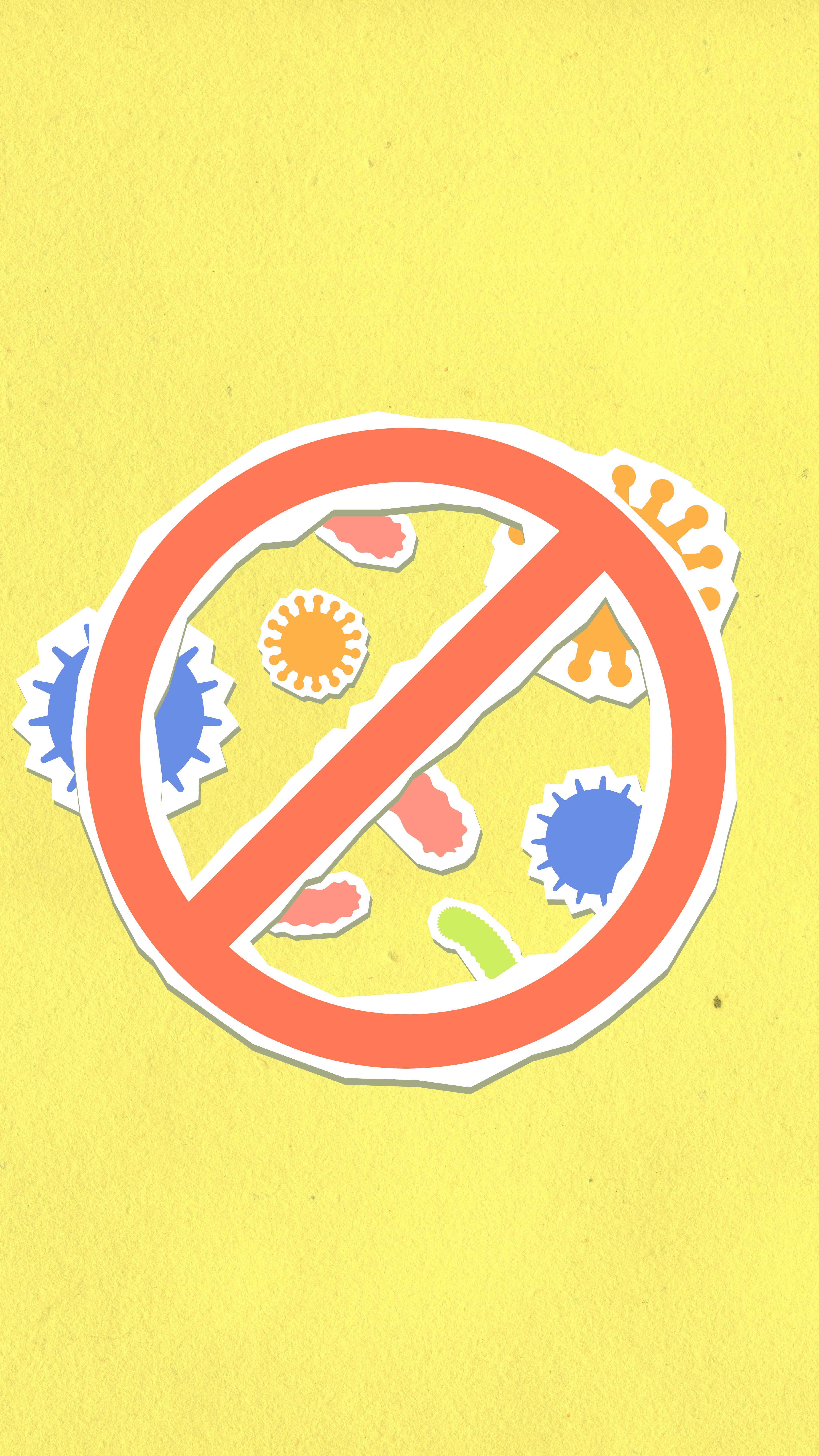 a cartoony picture of a bunch of bacteria with a big crossed out circle on top