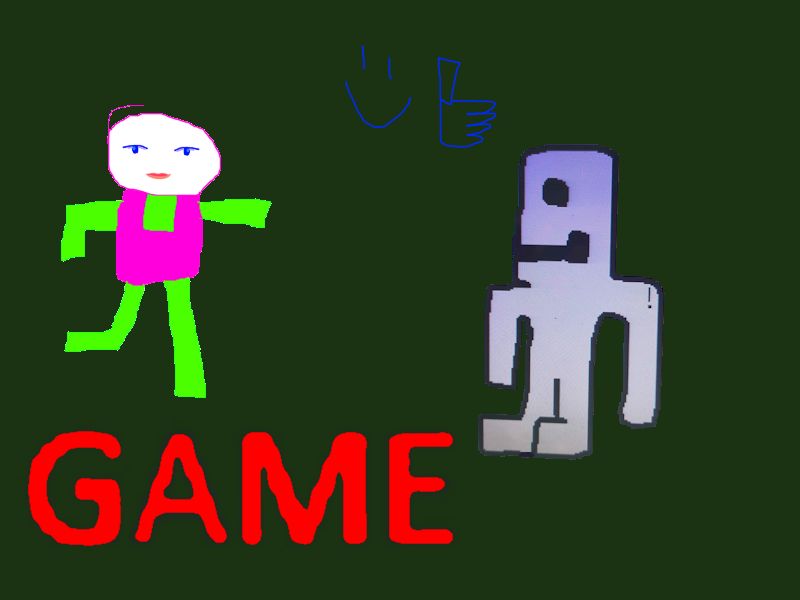 a cartoony picture of a person running up to another person with the text 'GAME' at the bottom